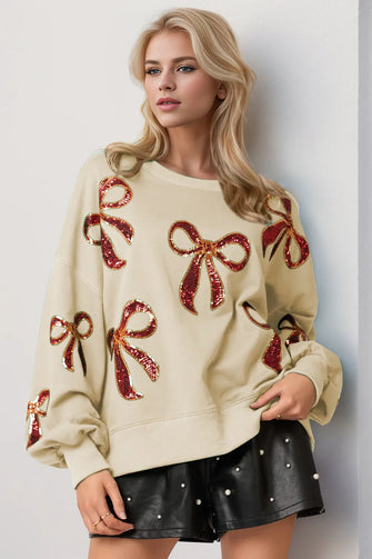 Double Take Christmas Bow Sequin Round Neck Dropped Shoulder Sweatshirt Cream Woman Sweatshirts