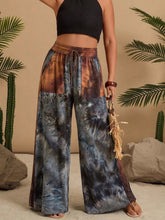 Full size tie-dye wide leg casual pants in blue gray and orange with elastic waistband and drawstrings for plus size wear