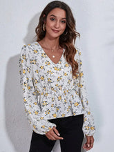 Floral V-Neck Balloon Sleeve Peplum Blouse Woman Blouses