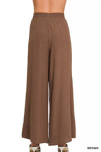 Brown wide-leg zenana woven airflow pants with soft textured fabric and comfortable elastic waistband
