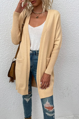 Open Front Long Sleeve Cardigan with Pockets Ivory