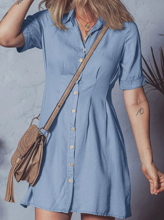 Denim Pleated Slim Waist Short Sleeve Shirt Dress Light Blue