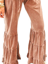Copper-colored velvet drawstring flare ruffle pants featuring tiered ruffles for a stylish, elegant look