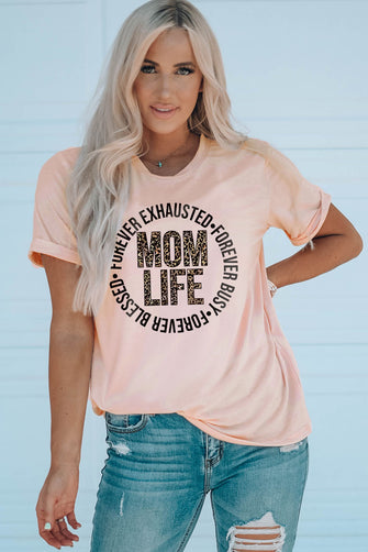 MOM LIFE Leopard Graphic Cuffed Tee Blush Pink