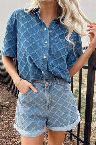 Pocketed Collared Neck Short Sleeve Denim Shirt Dusty Blue