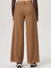 Brown corduroy wide leg pants with a high waist and back pockets showing the back side of the wide leg pants