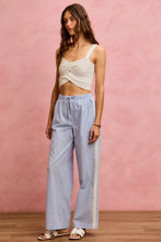 Light blue and white gingham wide check pants with a drawstring waistband and side lace trim and piping