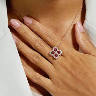 925 Sterling Silver Lab-Grown Ruby Flower Shape Necklace Rose Gold One Size