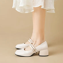 Double Buckle Strap Square Toe Mary Jane Heels Ivory woman pumps