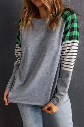 Striped Plaid Round Neck Long Sleeve T-Shirt Cloudy Blue