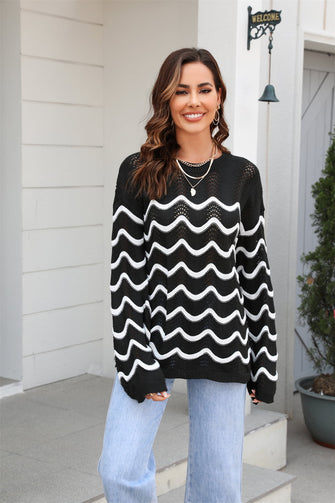 Angel Wings Wave Pattern Round Neck Long Sleeve Sweater Black