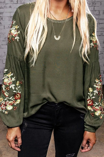 Embroidered Round Neck Balloon Sleeve T-Shirt Matcha Green