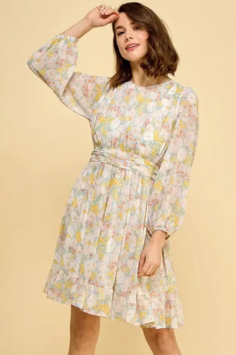 Lime 'N' Chili Chiffon Floral Print Belted Dress with Back Zipper BLUE FLORAL Casual Dresses