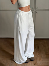 White relaxed wide leg sweatpants with elastic waistband and drawstring for comfortable casual wear
