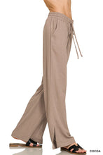 Beige zenana linen drawstring wide-leg pants with side pockets for comfortable casual wear