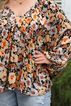 Plus Size Floral V-Neck Balloon Sleeve Blouse Woman Blouses