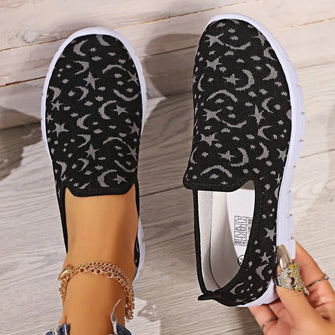 Star & Moon Pattern Flat Loafers Black