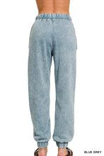 Blue grey zenana acid wash fleece sweatpants with soft denim texture and elastic cuffs with pockets