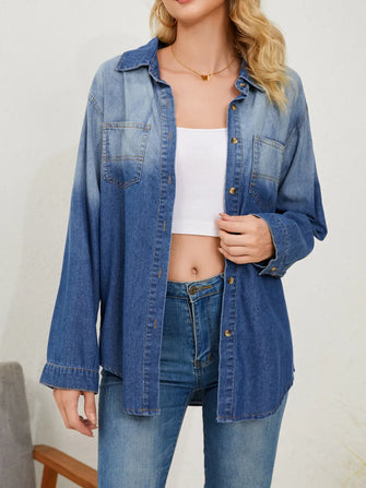 Button Up Long Sleeve Denim Jacket Dusty Blue
