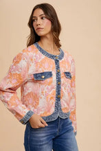 Annie Wear Floral Jacquard Denim Contrast Button Down Jacket Woman Outerwear