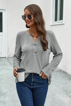 Buttoned Notched Neck Long Sleeve T-Shirt Cloudy Blue Woman T Shirts