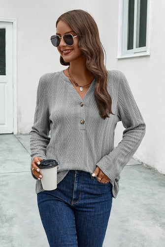 Buttoned Notched Neck Long Sleeve T-Shirt Cloudy Blue
