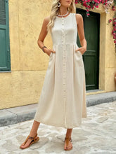 Round Neck Sleeveless Midi Dress Beige Casual Dresses
