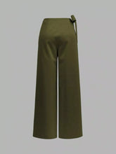 Olive green wrap waist wide leg pants with tied waistband detail in lightweight fabric for stylish comfort