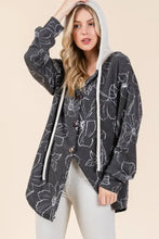 BOMBOM Drawstring Flower Print Button Up Shacket Black Woman Outerwear
