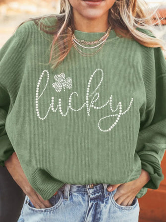 LUCKY Rhinestone Round Neck Long Sleeve Sweatshirt Sage Woman Sweatshirts