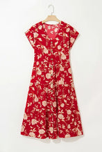Floral Print Buttoned Front V Neck Tiered Short Sleeve Midi Dress Woman Dress