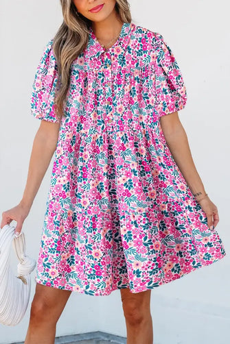 Printed Short Sleeve Mini Shirt Dress Fuchsia Pink Casual Dresses