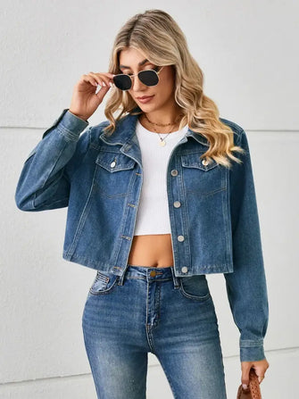 Button Up Long Sleeve Denim Jacket Dusty Blue Woman Outerwear
