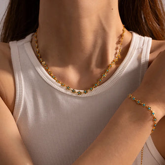 18K Gold-Plated Resin Beaded Necklace and Bracelet Jewelry Set Gold One Size
