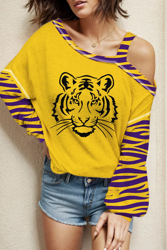Tiger Graphic Asymmetrical Neck Long Sleeve T-Shirt Yellow