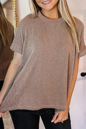 Textured Round Neck Short Sleeve T-Shirt Mocha