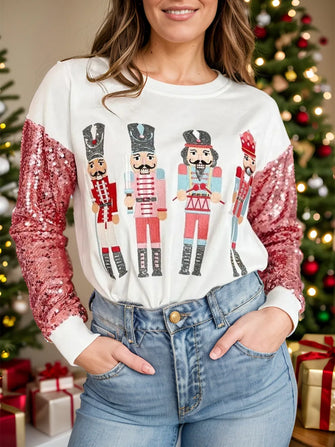 Sequin Nutcracker Round Neck Long Sleeve Sweatshirt White Woman Sweatshirts