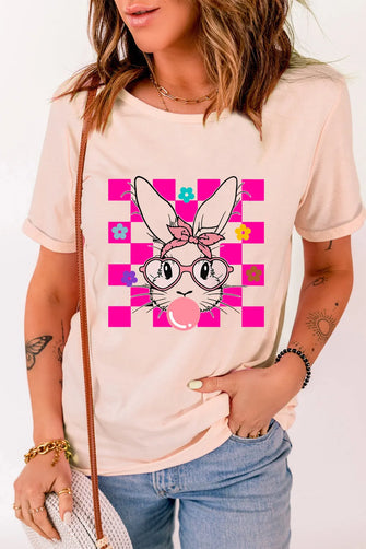 Rabbit Round Neck Short Sleeve T-Shirt Watermelon pink