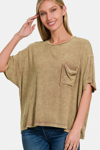 Zenana Ribbed Round Neck Drop Shoulder T-Shirt MOCHA
