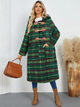 Plaid Long Sleeve Hooded Coat with Pockets Woman Outerwear