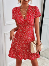 Printed Ruffled Hem V-Neck Short Sleeve Mini Dress Woman Casual Dress