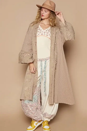 POL Flower Lace Trim Open Front Longline Cardigan Khaki Woman Outerwear