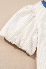 Stripe Seersucker Contrast Round Neck Puff Sleeve T Shirt Dress Woman Casual Dress