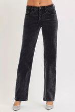 Black corduroy tummy control mid rise straight leg pants with classic five-pocket design and high-rise waist