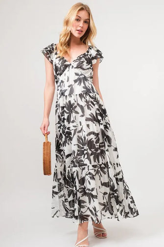 And The Why Ruffled Sleeve Tiered Floral Print Maxi Dress BLACK CREAM