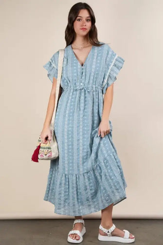 VERY J Embroidered Boho Ruffled Midi Dress Blue Casual Dresses