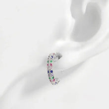 Silver-tone 925 sterling silver contrast zircon hoop earrings with blue, green, red gems