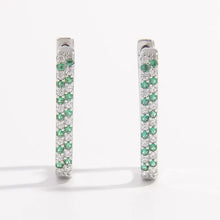 Sterling silver rectangular hoop earrings with emerald and zircon inlays