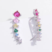 Pair of sterling silver ear climber earrings with rainbow cubic zirconia