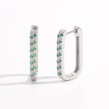 925 Sterling Silver Rectangular Hoop Earrings with Green and Clear Zircon Stones